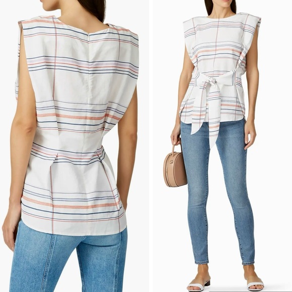 Habitual Tops - HABITUAL Nell Top White Red Navy Blue Tartan Plaid Striped Blouse w Tie Waist